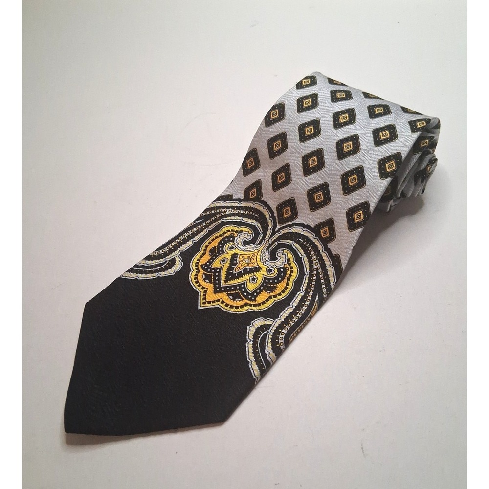Lord & Taylor Baroque Medallion Panel Necktie Silk 58"x 4" Silver Black Yellow